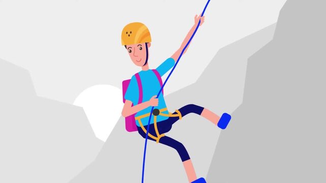 Animated rock climber rappelling down a steep mountain cliff in vector flat design style motion graphic video footage