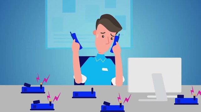 Stressed customer service employee multitasking with multiple phones in animated office video clip