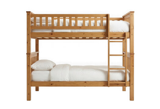 Wooden bunk bed with white bedding isolated on transparent background