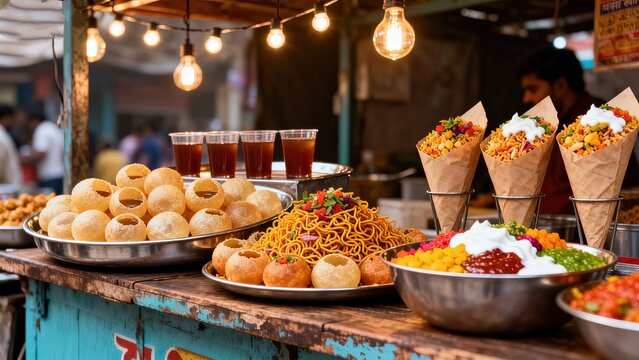 Indian street food assortment with pani puri sev puri and bhelpuri on wooden counter