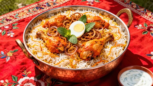 Chicken biryani with saffron rice and fried onions in copper handi pot on red fabric
