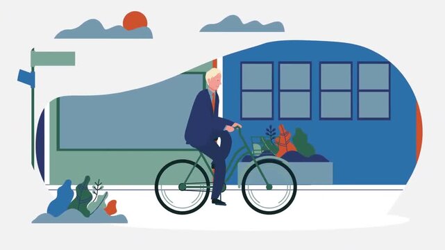 Business man riding bicycle to work through city street in animated vector motion graphic footage clip