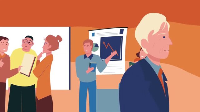 Animated corporate business team collaborating in office environment vector illustration motion video footage
