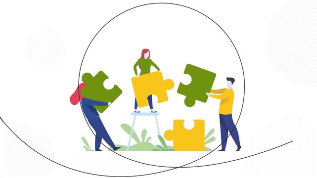 Business team assembling colorful puzzle pieces together in flat vector animation motion graphics video clip format