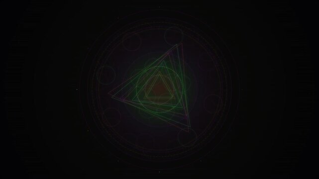 Glowing neon sacred geometry triangle loops and pulses against a deep black void.