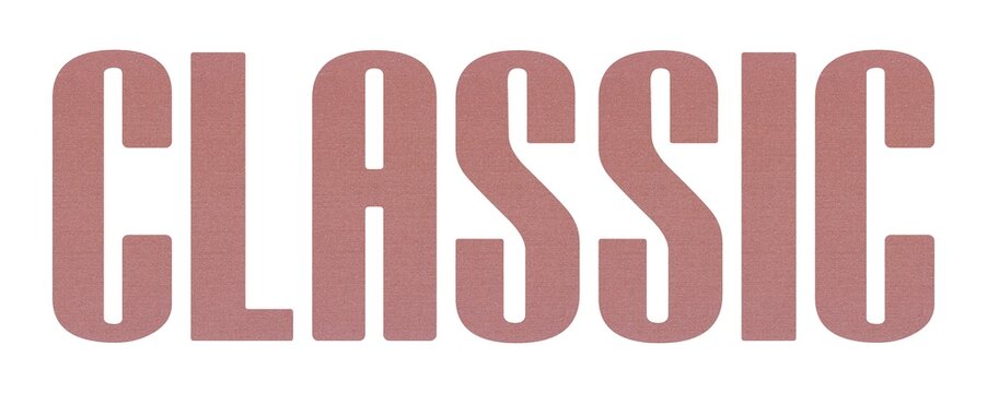 CLASSIC word with terracotta colored fabric texture on white background.