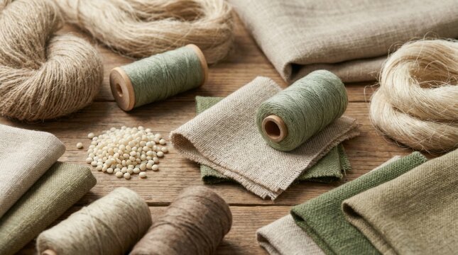 Sustainable textile materials showcasing raw fiber bundles, spun yarn spools, biopolymer pellets and woven fabric swatches for eco fashion manufacturing.