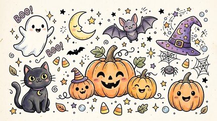 Obraz premium Cute Halloween Doodle Set with Smiling Pumpkins Ghost Cat Bat Witch Hat and Stars for Holiday Decor
