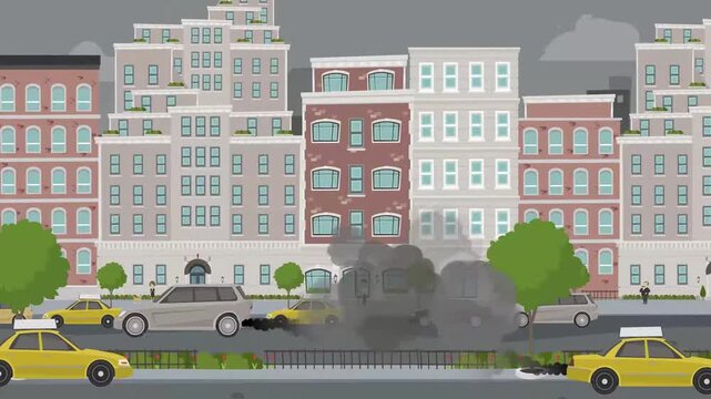Vector animation footage of car crashing on city street with heavy black smoke and explosion