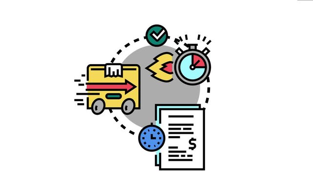 Delivery schedule icon fast package sending, parcel dispatch, and timely courier service with a stopwatch, clock, moving box, and documents