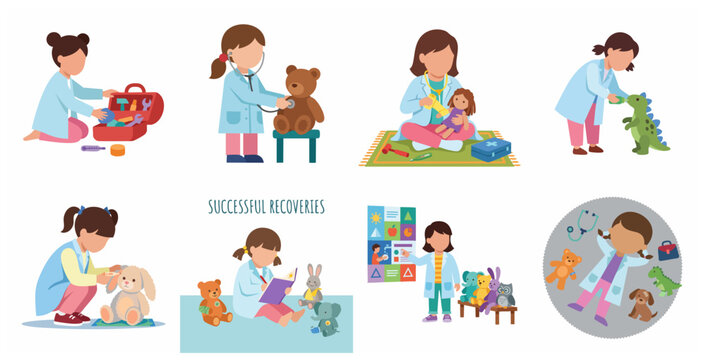 Set of cute little girls playing doctor and veterinarian with stuffed animals and dolls, kids healthcare roleplay and imagination concept, flat vector illustration