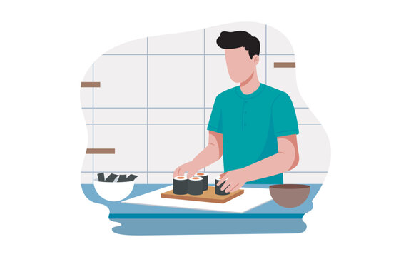 Man Preparing Sushi In Kitchen