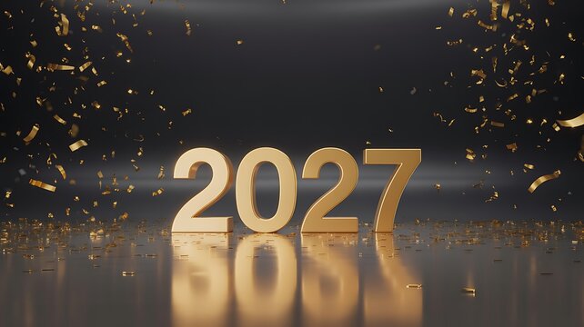 Golden 2027 year numbers standing on reflective surface with falling confetti on dark background