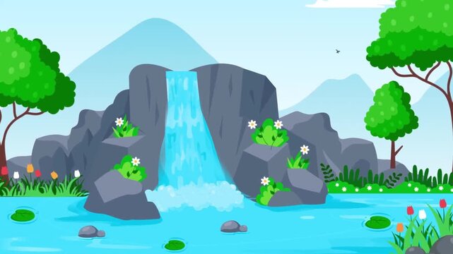 Beautiful waterfall flowing down rocky mountains into peaceful blue river video motion clip background