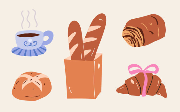 Hand Drawn French Bakery Clipart Set With Cute Croissant, Baguette, Pain Au Chocolat, Hot Coffee Cup And Bread In Flat Doodle Style For Menu Design, Cafe Branding, Packaging And Poster