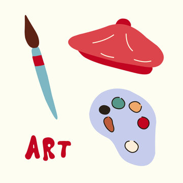 Cute Artist Tools Clipart Set Featuring Red Beret Hat, Paintbrush, Color Palette And Hand Lettered Art Word In Flat Hand Drawn Style For Creative Projects, Education And Painter Branding