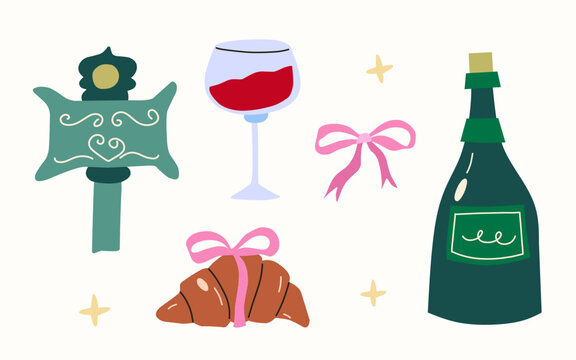 Hand Drawn Paris Vector Clipart Set With Wine Glass, Champagne Bottle, Croissant, Vintage Street Sign And Pink Ribbon In Flat Doodle Style For Travel Branding, Menu Design, Poster And Sticker