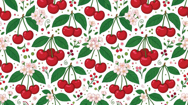 Seamless pattern with fresh red cherries leaves and white blossom flowers on white background