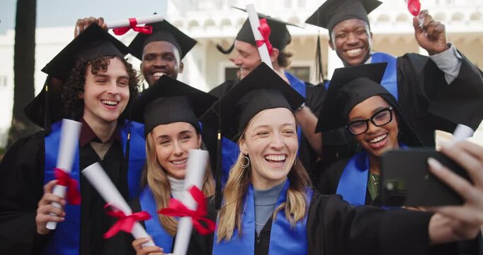 Happy, friends and diploma selfie for graduation, degree completion and event vlog for memory. People, graduate or photo with scroll for PHD ceremony, profile picture or laugh for shared achievement