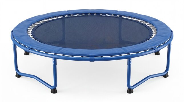 Blue fitness trampoline with sturdy metal frame and protective pad isolated on white background