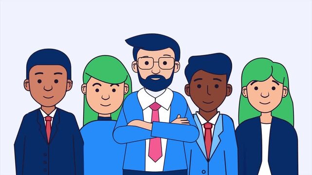 Diverse business team animation showing professional colleagues standing together smiling with confident posture in motion clip