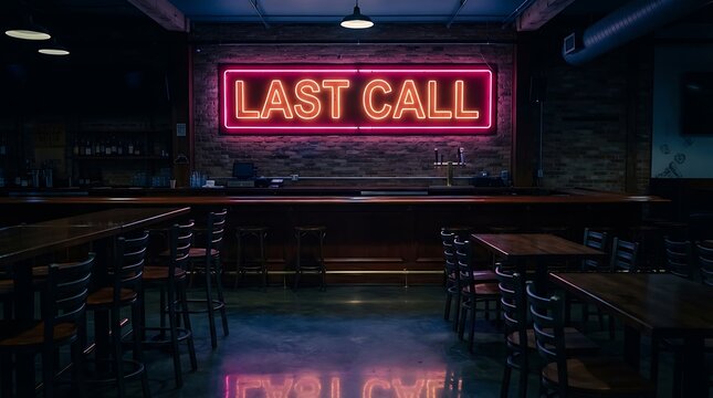 Interior view of an empty bar with a glowing red neon sign reading last call mounted on a brick wall
