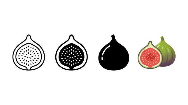 Set of Fig Fruit Icons in Different Styles: Line Art, Silhouette, and Color Illustration Isolated on White Background