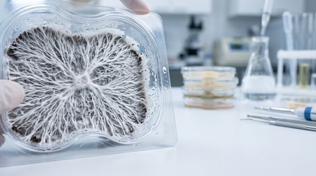 Close-up of white mycelium network growing in packaging mold inside biotechnology laboratory