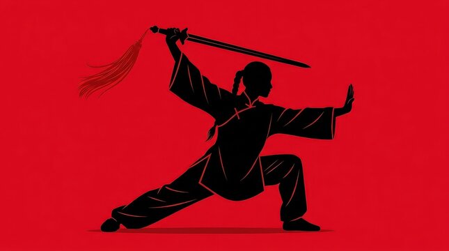 Silhouette of a Martial Artist Practicing Kung Fu with a Sword on a Vibrant Red Background - Traditional Chinese Wushu