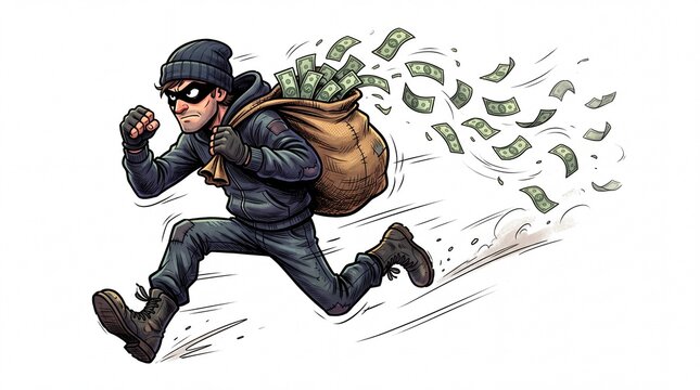 Running burglar carrying money sack full of cash banknotes isolated on white background