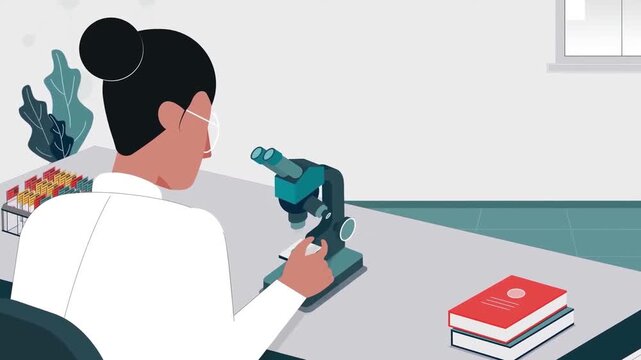 Female scientist working with microscope in laboratory setting during medical research project animated video clip