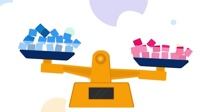 Balance scale video featuring blue and pink blocks shifting up and down in motion loop graphic animation