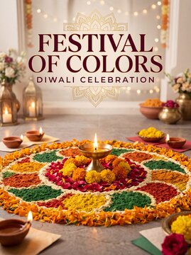 Diwali Lit oil lamp on circular colorful powder rangoli decoration with marigold flowers on stone floor
