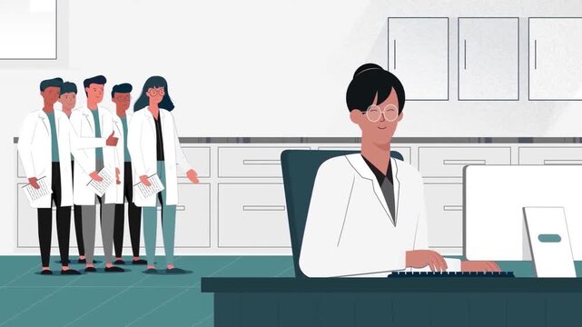 Animated scientists waiting in line while another professional works on computer in bright office footage clip