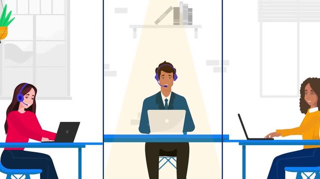 Customer service representatives working together in modern office division video footage animation