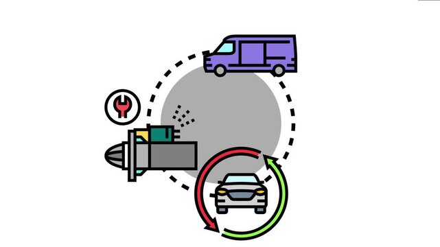 Illustrative displaying a purple van transitioning into a modern car through a cyclical process involving a repair tool and an engine part, symbolizing vehicle restoration and service
