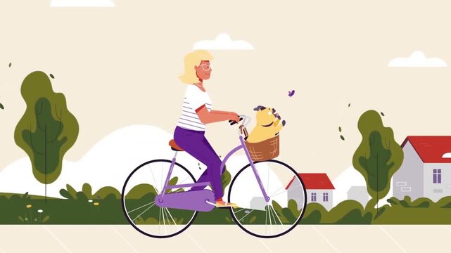 Senior woman riding bicycle outdoors with cute dog in basket vector flat animation motion footage