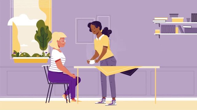 Young caregiver serving hot tea to an elderly woman inside a cozy living room animation clip