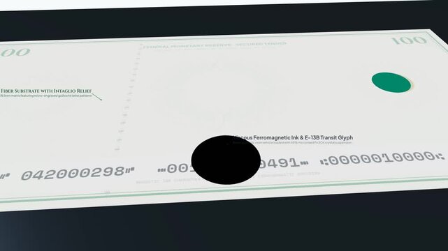 3D animation demonstrating the Magnetic Ink Character Recognition or MICR scanning process on a banknote using a permalloy core read head to detect ferromagnetic ink E-13B transit glyphs