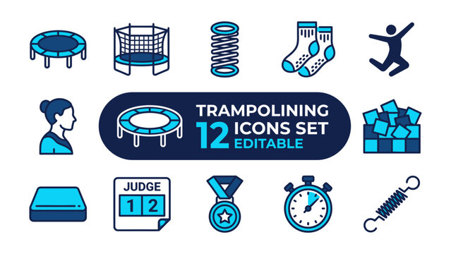 Trampoline Icon Set for Sports and Recreation: A collection of clean and modern vector icons representing various elements of trampolining, including different trampoline types, safety gear.