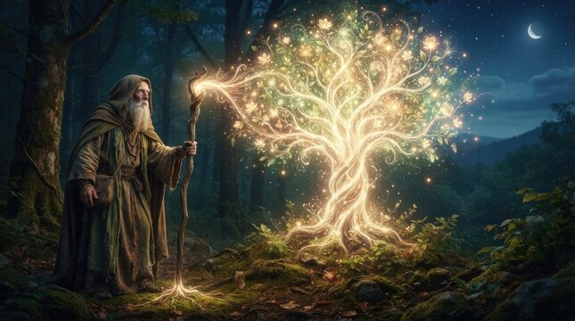 Ancient Wizard Casting Magical Light in Mystical Forest