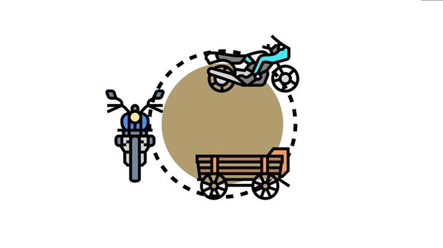 Old time motorcar visualizes various transportation vehicles, including a vintage car, motorcycle, and horse drawn carriage, representing evolution of road travel