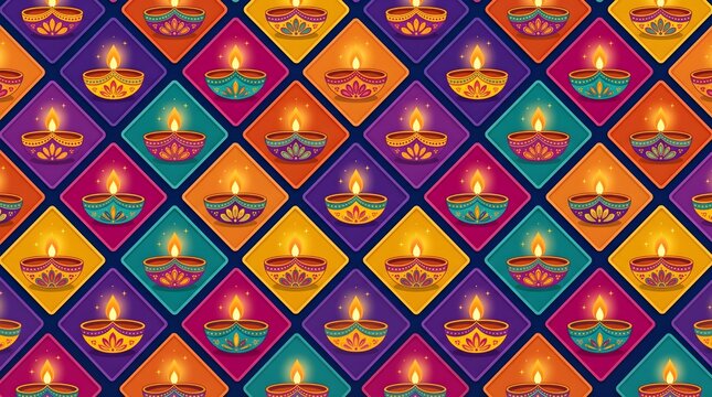 Diwali diya pattern background. Colorful oil lamps on diamond grid. Vibrant festive illustration for Deepavali celebration.