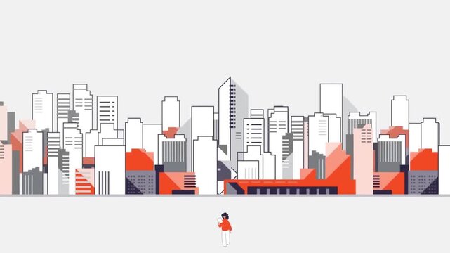 Woman walking through a minimalist cityscape animation video clip with orange and grey buildings in vector motion art style