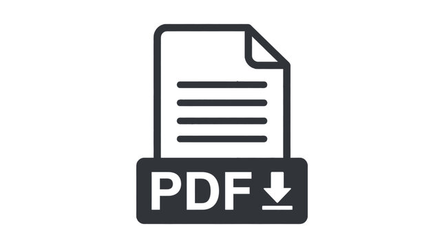 Black pdf file vector icon illustration with download arrow symbol for digital document management