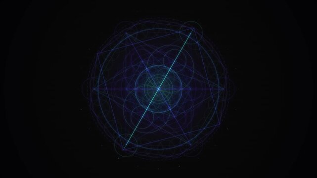 A complex geometric pattern of glowing lines and polygons rotating in a spherical structure against a black background.