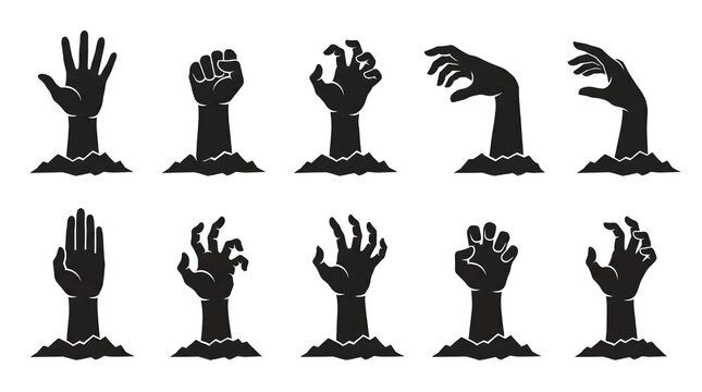 Zombie hands silhouette set. Undead arms rising from ground. Halloween horror vector icons for spooky party design and scary invitations.