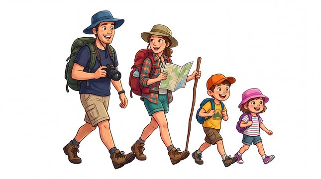 Happy family hiking together with backpacks and camera exploring nature on white background