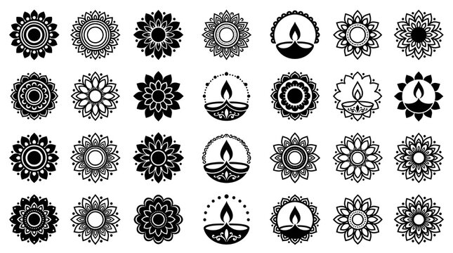 Diwali mandala icon set. Includes diya lamps and floral rangoli. Black vector glyphs for Indian festival design.