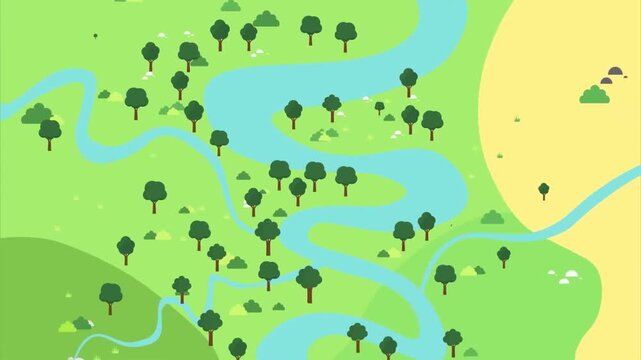Aerial view animated map footage showing a winding blue river flowing through a green landscape video clip